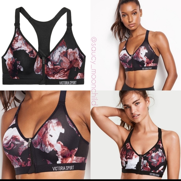 VSX Victoria's Secret • 38D Front Zip Closure Sports Bra Floral Black Pink Gym - Picture 2 of 8
